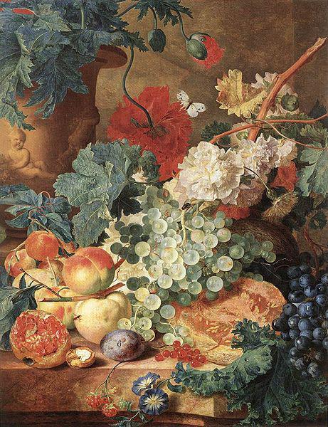 Jan van Huijsum Still life with flowers and fruit.